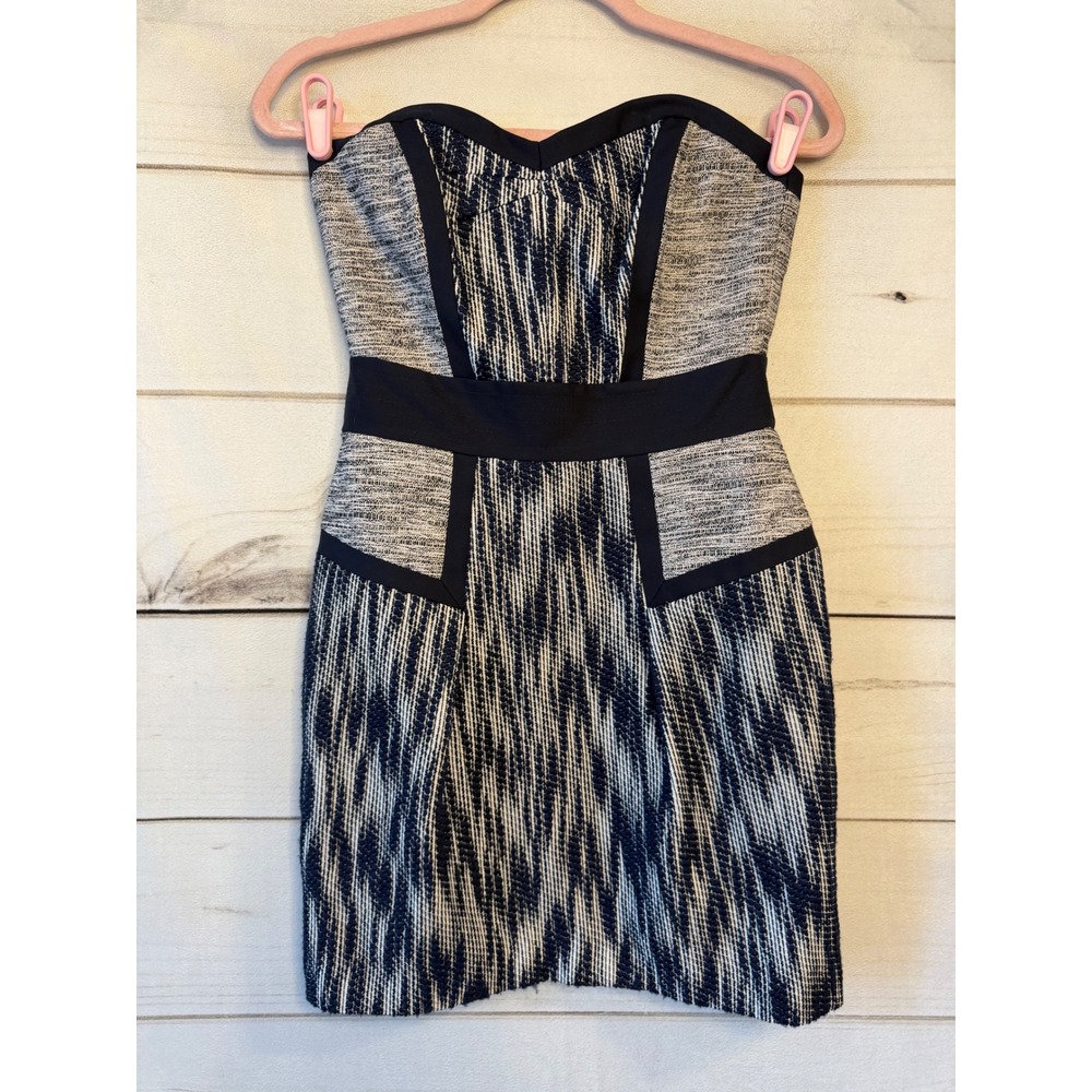 Milly of New York Strapless Ikat Tweed Mini Dress Navy White Size 2